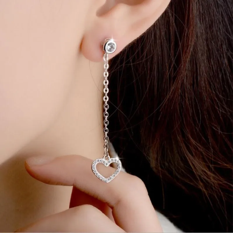 

New Korean Fashion Simple 925 Sterling Silver Jewelry Heart-shaped Long Tassel Love Crystal Gift Dangle Earrings SE380