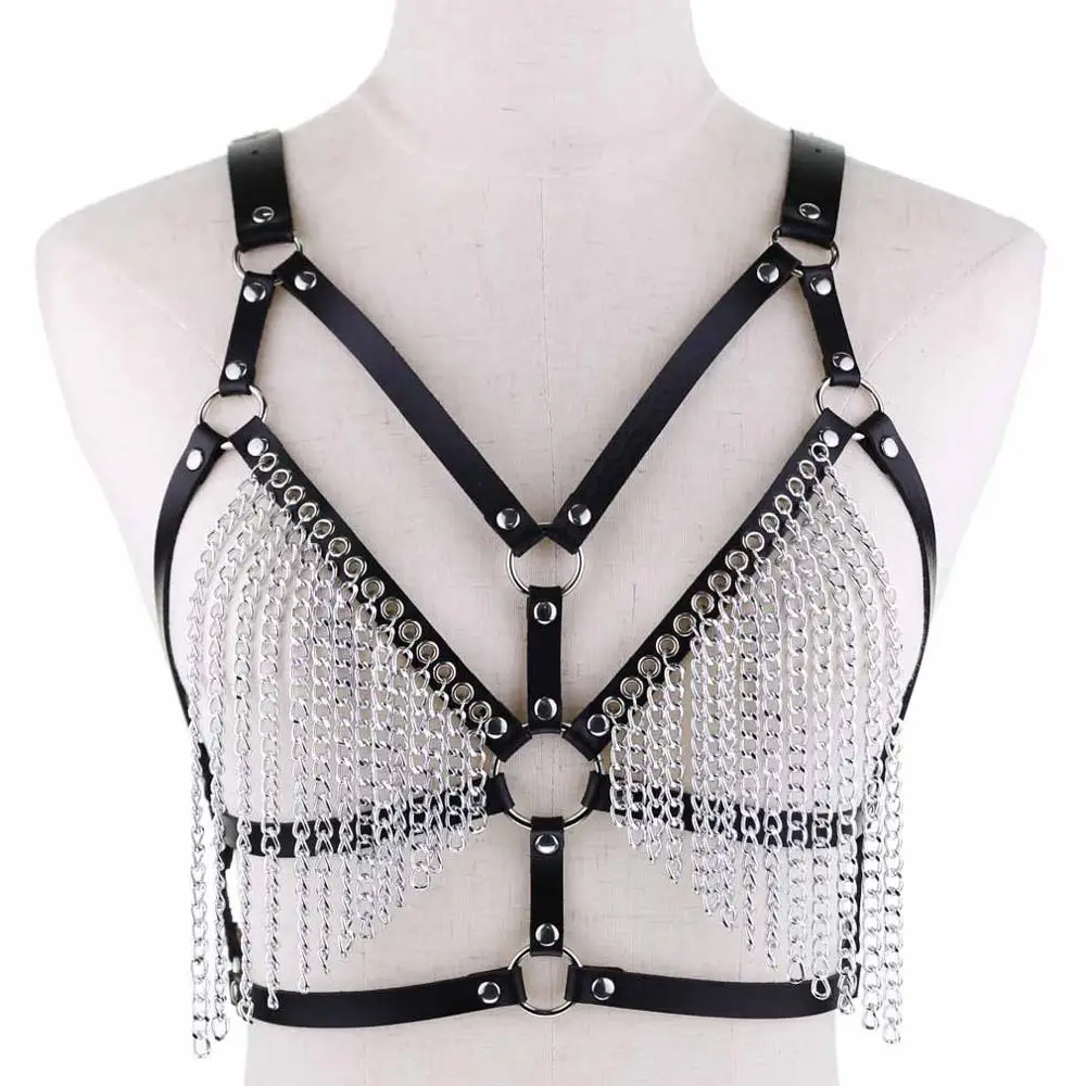 New Sexy pu Leather chain Harness Body bra chain Belt punk sexy chain top women body jewelry festival Fashion Jewelry - Окраска металла: black