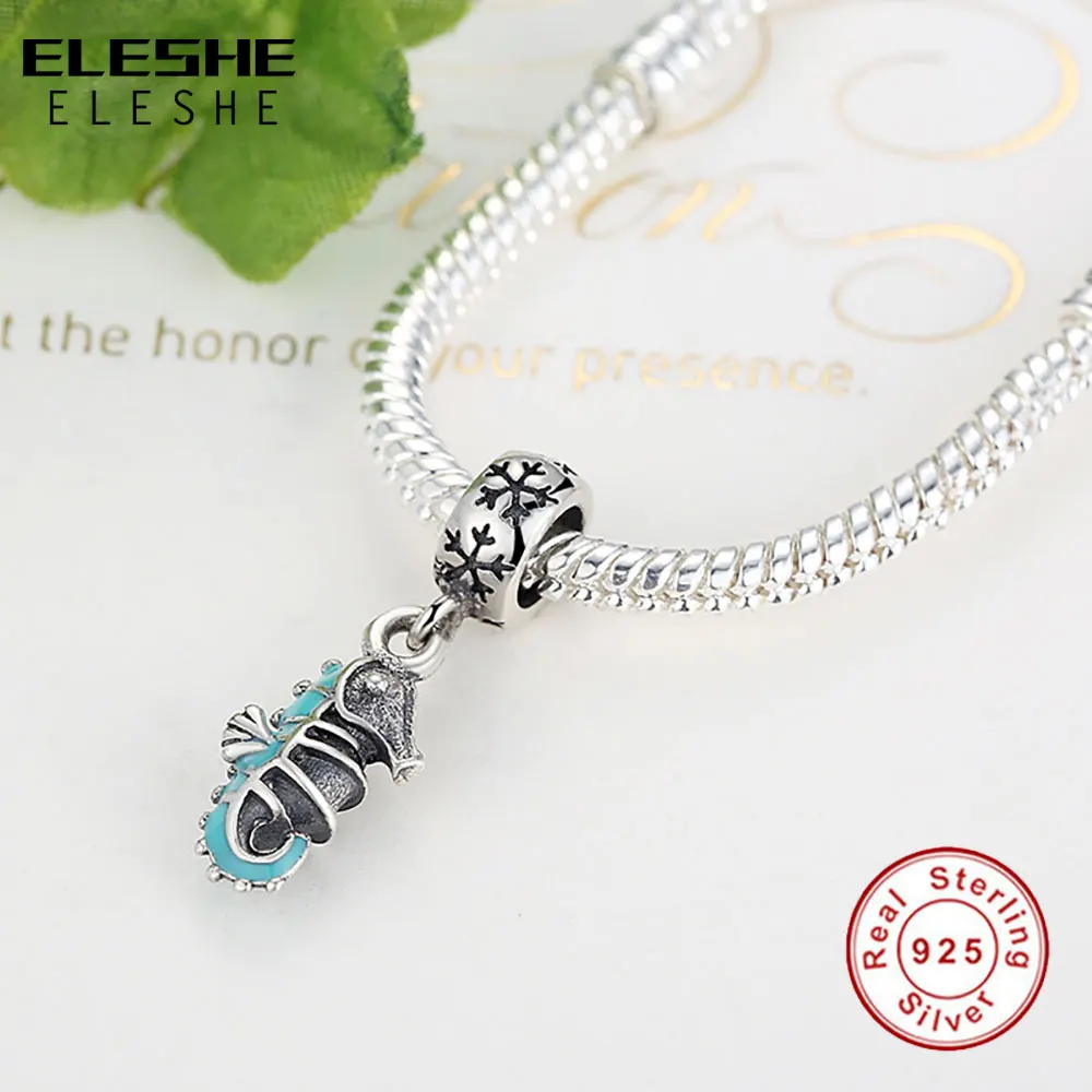 ELESHE Authentic 925 Sterling Silver Hippocampus Charm Blue Enamel Seahorse Bead Fit Original Bracelet & Bangle DIY Jewelry Gift