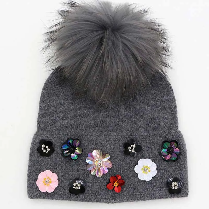 Дизайн, зимняя женская шерстяная шапка с большим натуральным мехом, вязаные шапки с помпонами, мягкие шапки Skullies с цветочным узором для женщин и девушек - Цвет: dark grey
