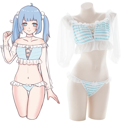 Blue Set 2 шт. милый и сексуальный шифоновый полосатый с пышными рукавами комплект нижнего белья нижнее белье Аниме Стиль мультяшный костюм для женщин нижнее белье комплект розовый и синий - Цвет: Blue Set