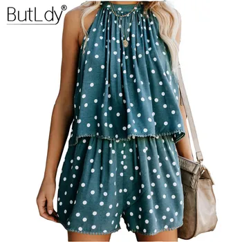 

Two Piece Romper Women Polka Dot Short Jumpsuit Summer 2019 Off Shoulder Casual Playsuit Pleated Loose Bodysuit Female Overalls