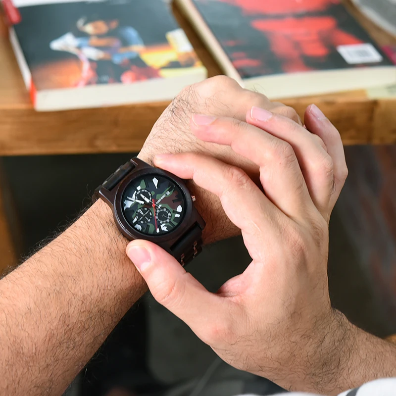 BOBO BIRD Chronograph Watch Military Men Army Green Wooden Watches Luxury Stainless Steel Strap Week Display