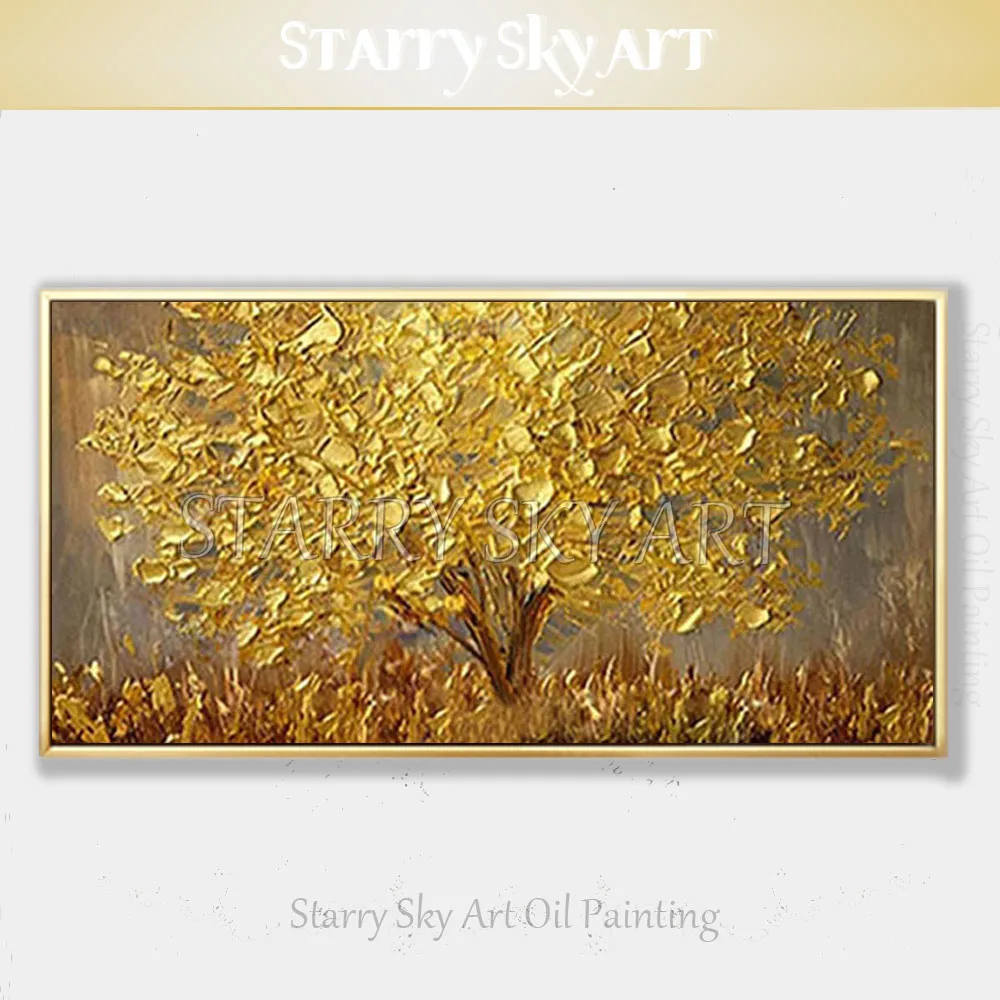 

Excellent Artist Pure Hand-painted Golden Tree Acrylic Painting on Canvas Textured Knife Painting Gold Tree Oil Acrylic Painting