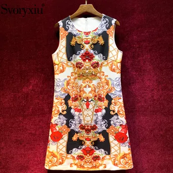 

Svoryxiu luxury Runway Autumn Tank Short Dress Women's High Quality Diamond Beading Printed Vintage Party A-Line Dress Vestdios