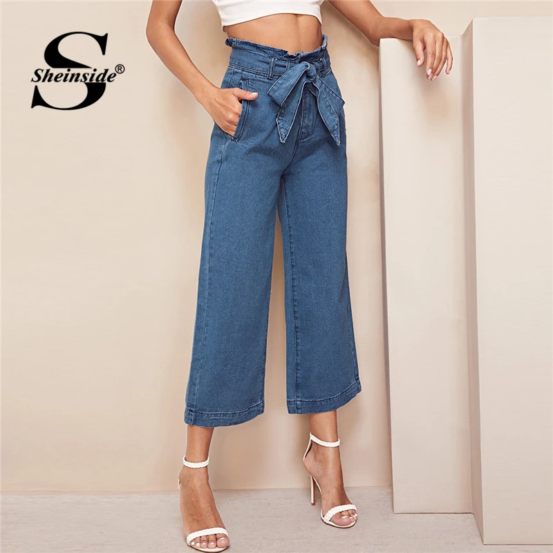 

Sheinside Blue High Waist Wide Leg Jeans Woman Loose Denim Trousers Women Pants Capris Pocket Details Zipper Fly Womens Jeans