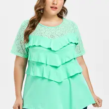 Rosegal размера плюс, кружевная гипюровая футболка с рюшами, летняя, круглый вырез, короткий рукав, Асимметричная футболка, женские топы, футболки, футболки с рисунком «осень»