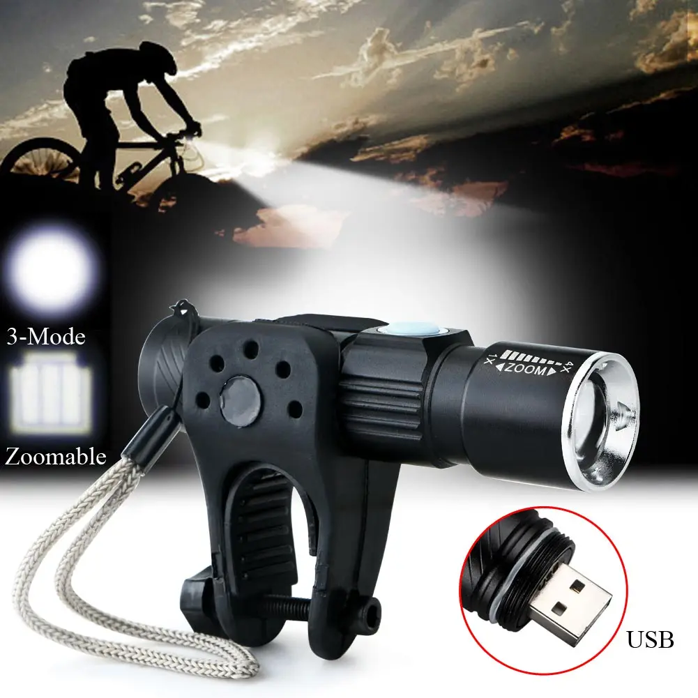 

1000Lumens USB Rechargeable Bicycle Light Waterproof Zoom Flashlight 3 Modes W/Bike Bicycle Torch Mount Holder