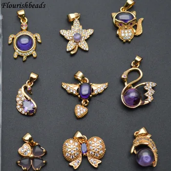 

Various Designs Purple Color Crystal Glass CZ Beads Paved Metal Animal / Leaf / Heart / Fox Pendants Necklace Jewelry 20pc/Lot