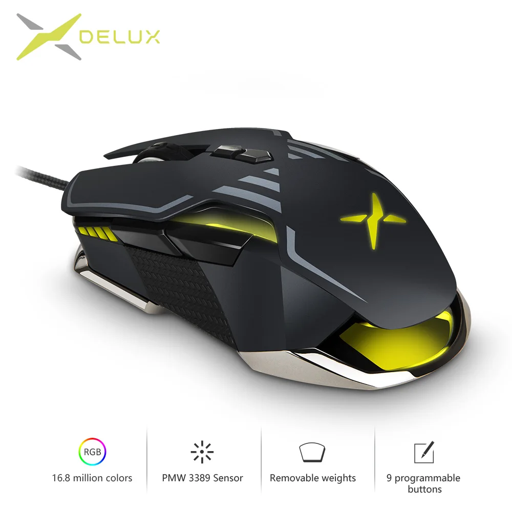 Delux M628 PMW3389 Sensor 16000 DPI Gaming Mouse 9 Buttons 50G ACC RGB Wired Optical Both Hands Mic