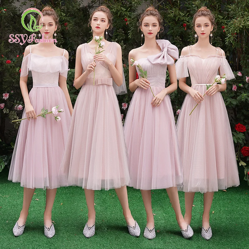 Женское платье подружки невесты SSYfashion Элегантное свадебное длиной ниже колена