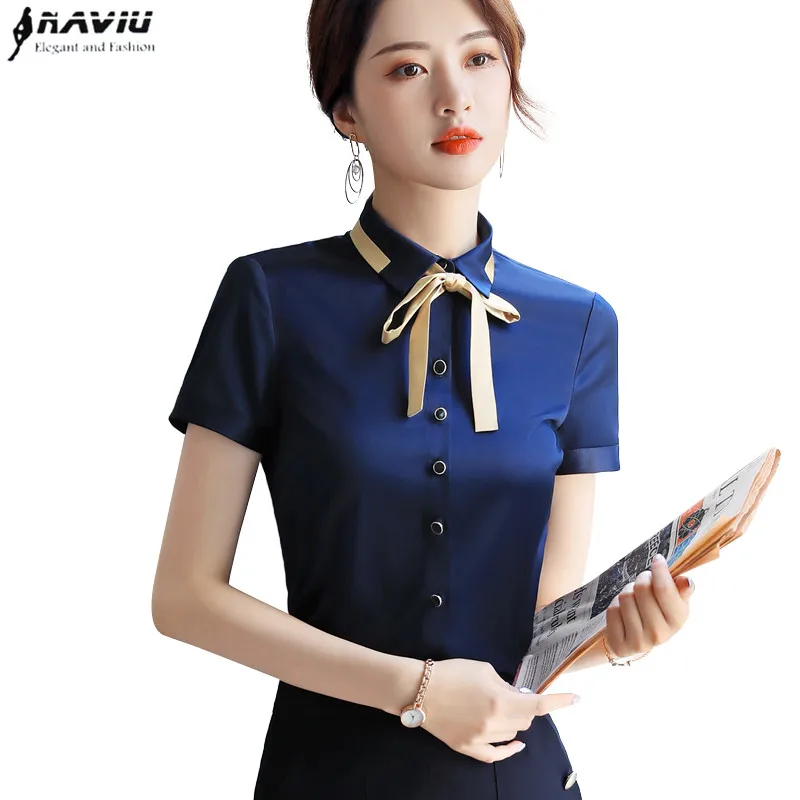 

Elegant bow shirt women 2019 New summer fashion temperament short sleeve chiffon blouses office ladies plus size casual tops