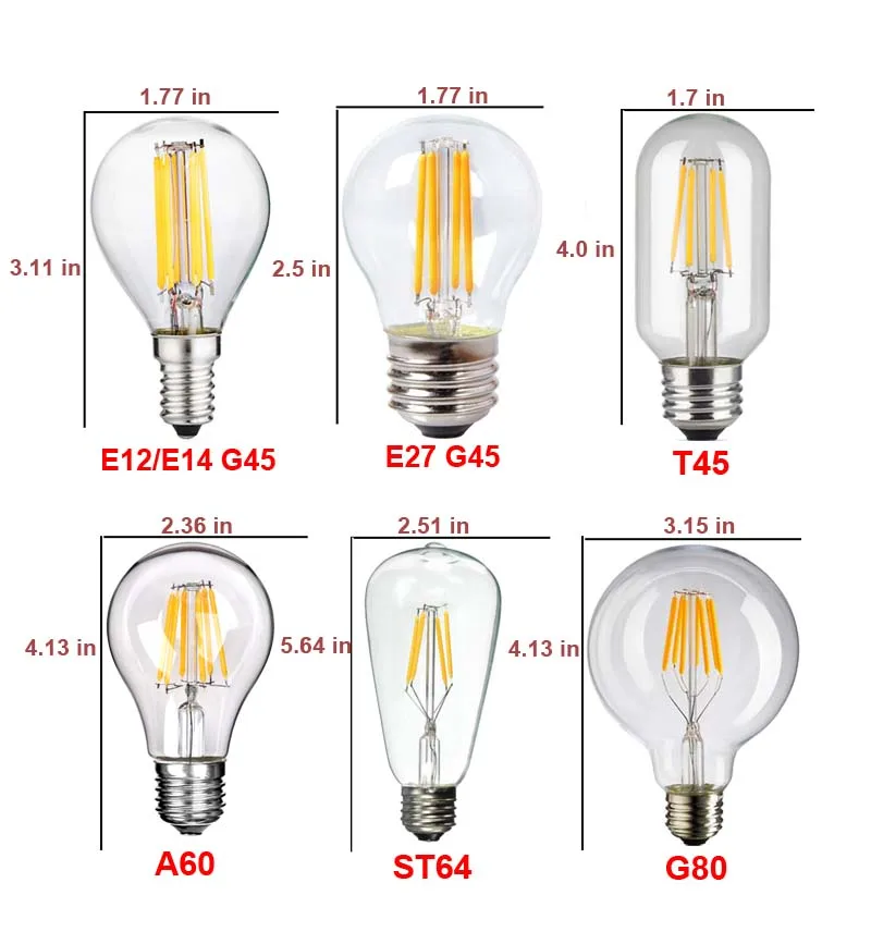 G45 A60 ST64 G80 T45 светодиодный ламп накаливания AC85-265V типа «Свеча»), 2 Вт, 4 Вт, 6 Вт 8 Вт Эдисон светодиодный светильник E27 E12 E14 канделябры светильник лампочка