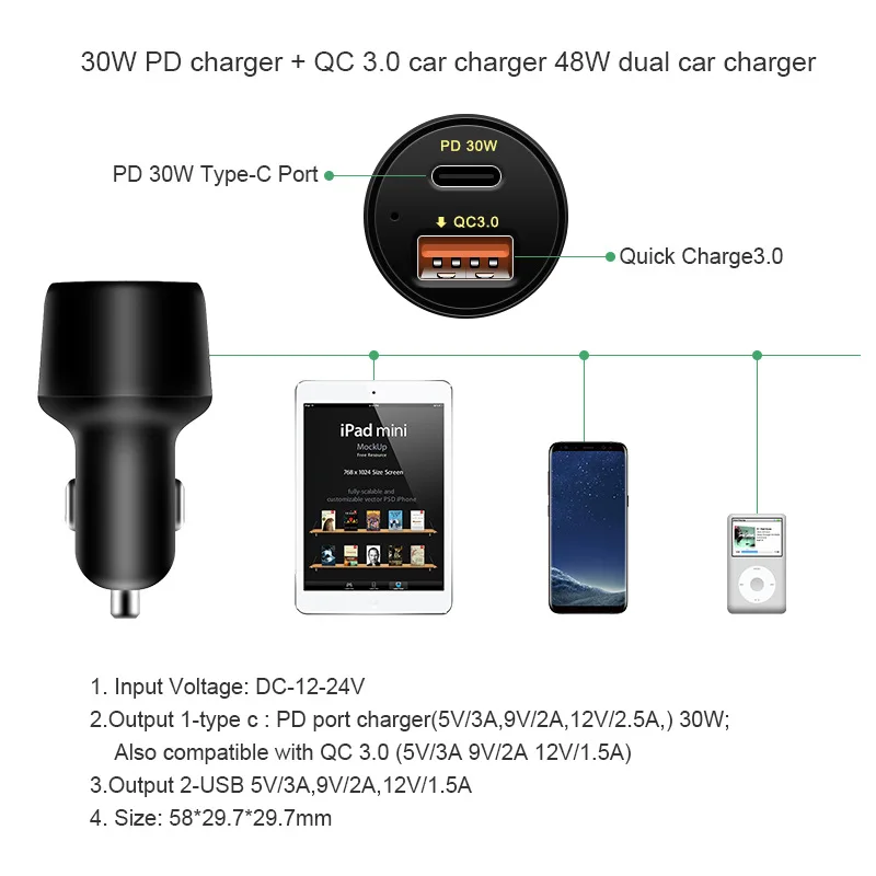 USB C TYPE-C PD 30 Вт автомобильное зарядное устройство Быстрая зарядка 3,0 18 Вт 48 Вт блок питания для ноутбука с USB для iPhone X/8/8 Plus samsung