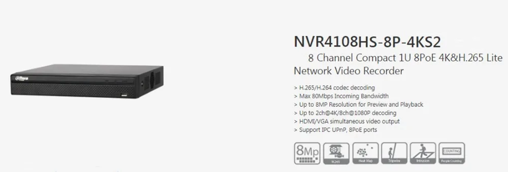 Сетевой видеорегистратор Dahua NVR 4 K Сетевой Видео Регистраторы NVR4108HS-8P-4KS2 8CH H.265/H.264 до 8MP 8 портов poe Easy4ip капельницы компактный 1U Lite