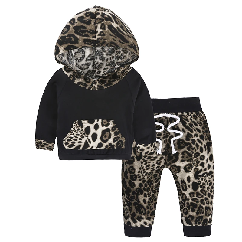 fashion 2019 autumn baby oufits COTTON baby girl leopard hooded coat+pants 2PCS tracksuit new born baby boy clothing set