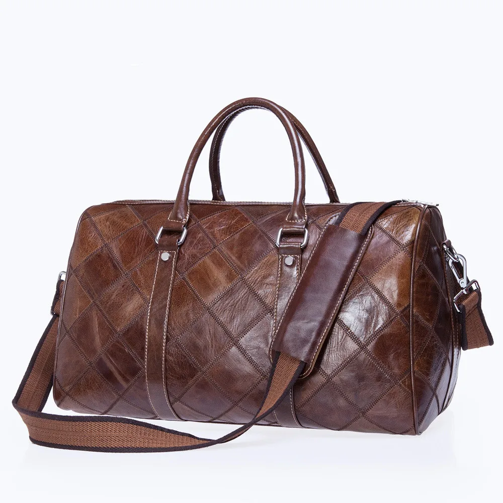 

Vintage Fashion Plaid Pattern Natural Cow Leather Men's Travel Bags Perfect Quality Genuine Leather Travel Totes