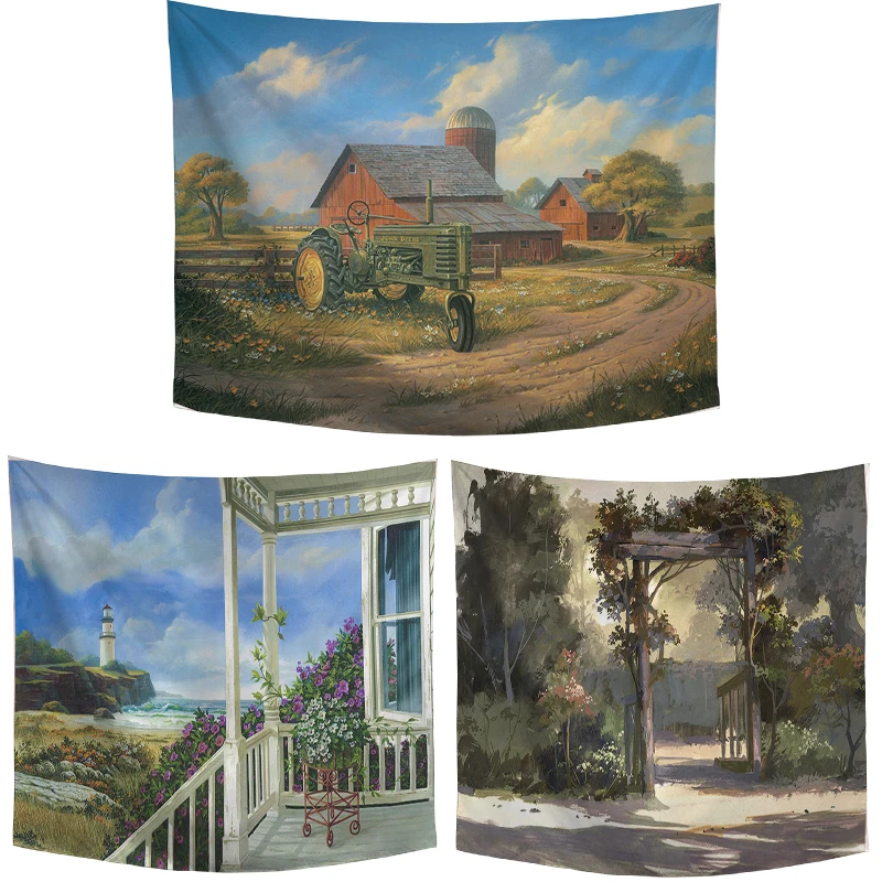 

Rustic Yard Printing Polyester Tapestry Trees Meadow Flower Flowering Log Cabin Pattern Rural Living Room Wall Decorate Blanket