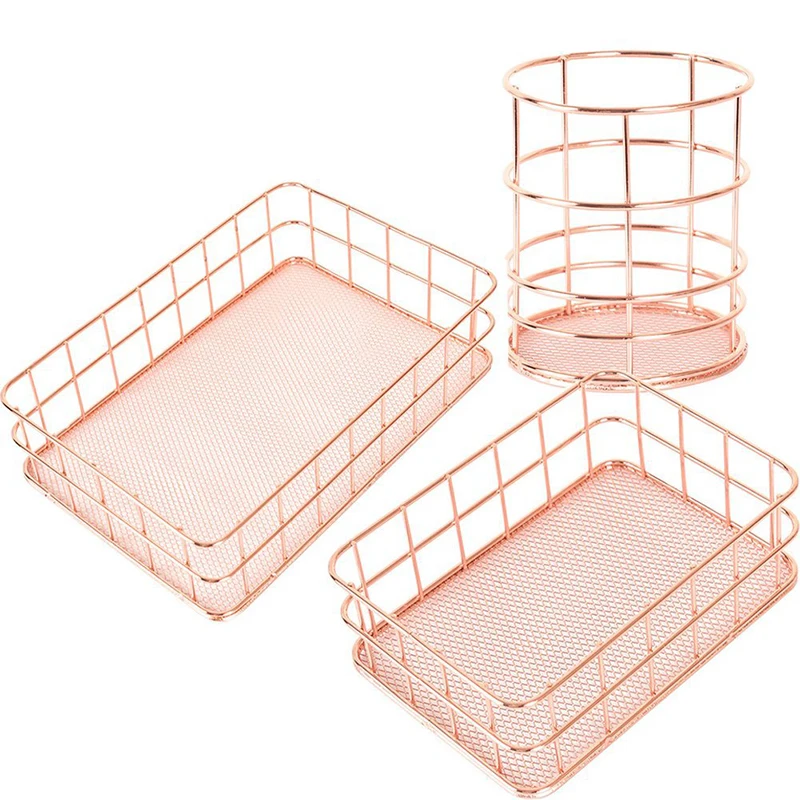 

Copper Storage Basket Cosmetic Organizer Rose Gold Makeup Brushes Holder Metal Wire Toiletry Collection Baskets Bathroom Shelves