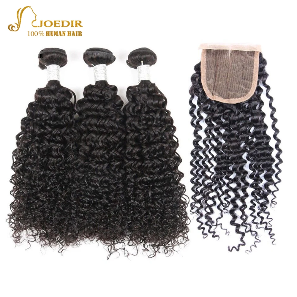 Joedir Hair Pre-colored Human Hair Weave Bundles With Closure Peruvian Afro Kinky Curly Non Remy Hair 3 Bundles With Closure