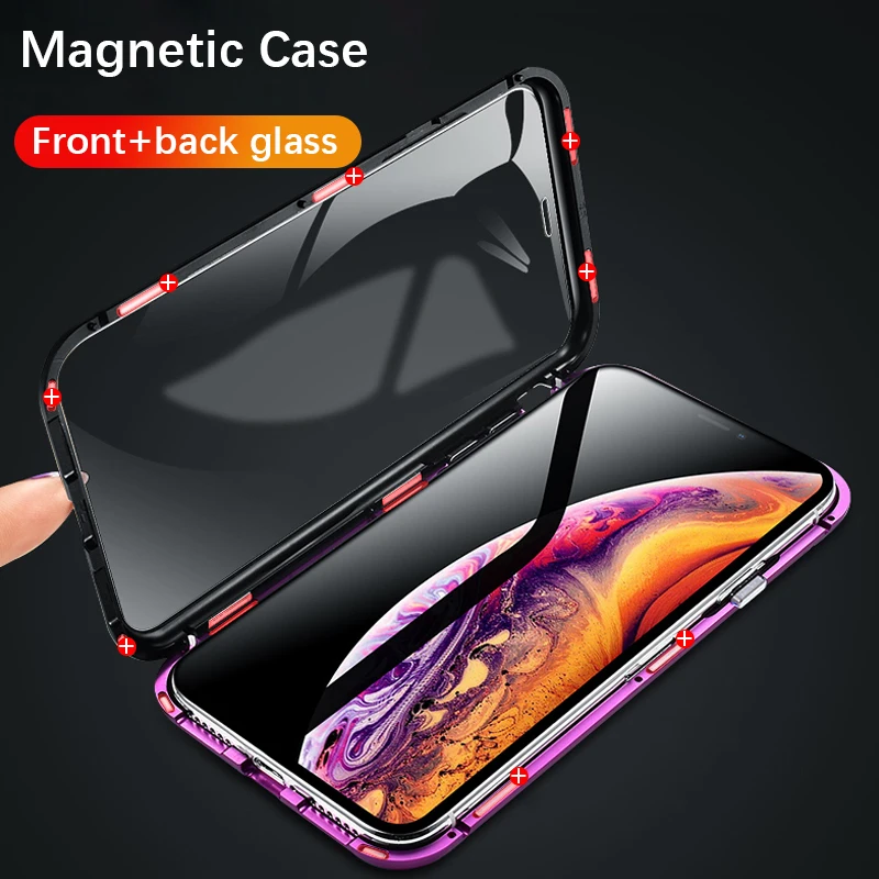 Double sided glass Magnetic case for iphone XS Max X 7 8 Plus Luxury metal 360 degree Full protection cover 6 Xr |