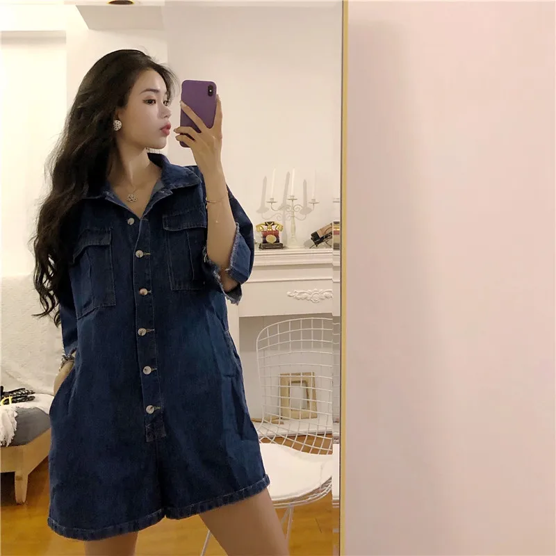 Longqibao women's Korean version of the summer casual retro denim jumpsuit female high waist was thin thick edge wide leggings