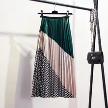 Плиссированная юбка разных цветов; сезон осень-зима; контрастная однотонная атласная юбка в клетку с мозаикой и высокой талией; Органическая плиссированная юбка; большая карточка