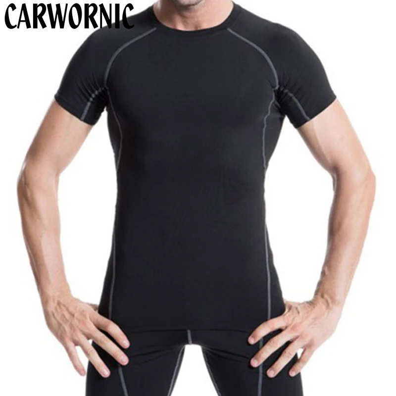 

CARWORNIC Tight Short Sleeve T-shirt Men Quick Dry T Shirt Compression Gyms Bodybuilding Fitness Breathable Tees Slim Fit Shirts