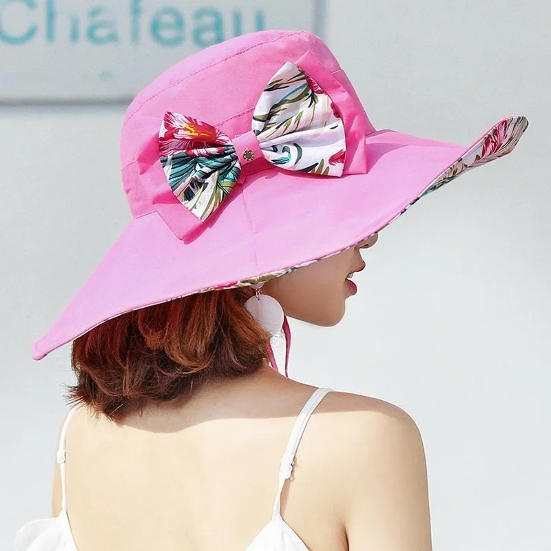 Двусторонняя Летняя женская шляпа с большими полями, пляжная кепка, женская шляпа от солнца в английском стиле, шляпа-федора с бантом для девочек - Цвет: Rose Red