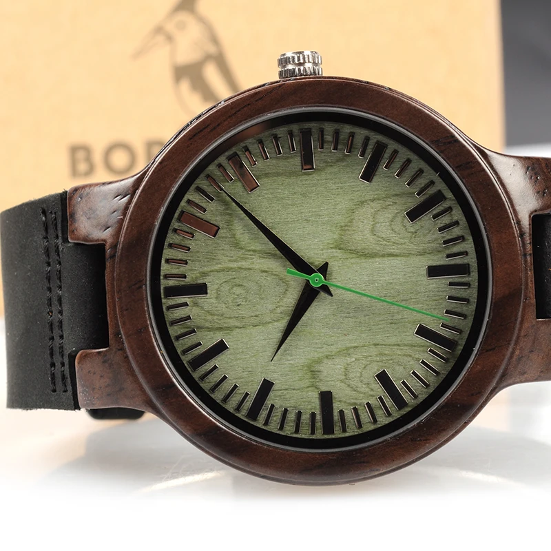 BOBO BIRD WC25 Ebony Wooden Watch Green Second Pointer Wood Face Watches for Men