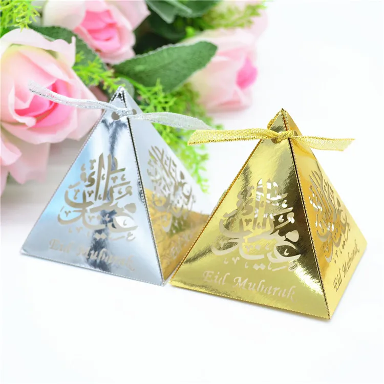 

Eid Mubarak pyramid shaped laser cut metallic paper favor box
