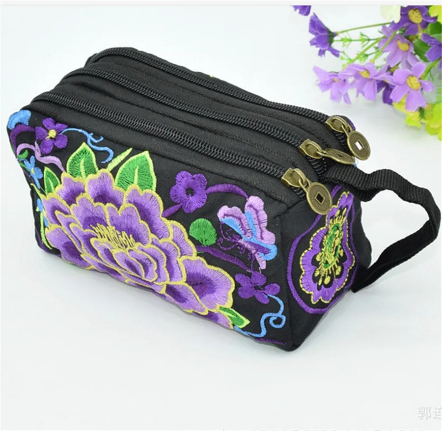  China Wind Women Wallet Handmade Embroidery Wallet 3 Zipper Design Women Clutch Wallet Ladies Purse Fashion Phone Wallet Bag 