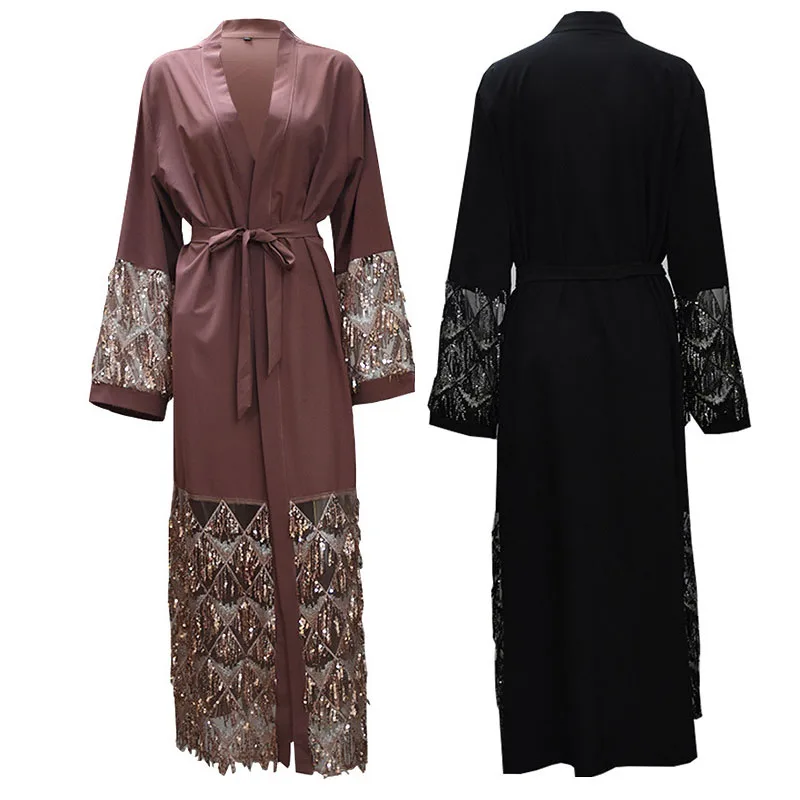 

Dubai lace Black abaya Women Sequins Muslim Long dress Cardigan Middle East Gown Maxi Front Open Dress with belt clothing