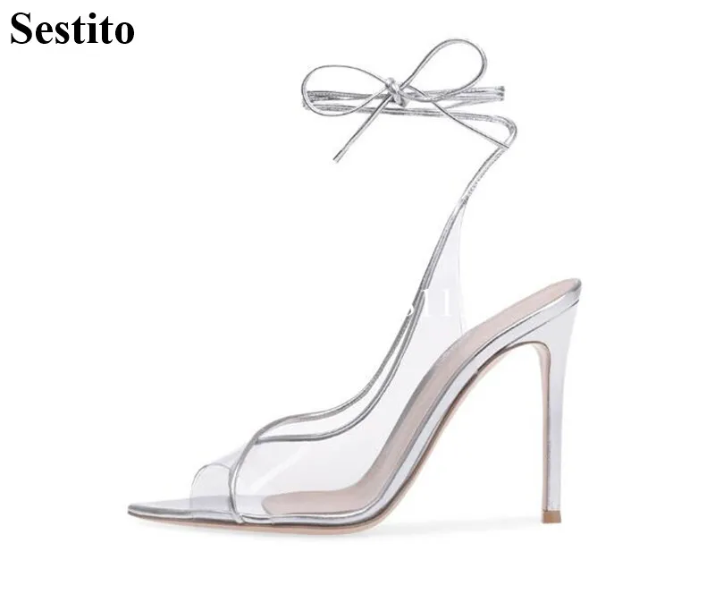 

2019 summer new transparent high heel sandals female pointed toe sexy super high heels Roman straps pointed fish mouth shoes