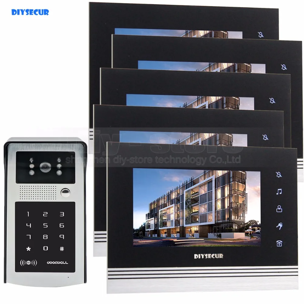 DIYSECUR 7 inch Touch Button Video Door Phone Intercom Doorbell IR Night Vision HD 300000 Pixels RFID Keypad Camera 1V5