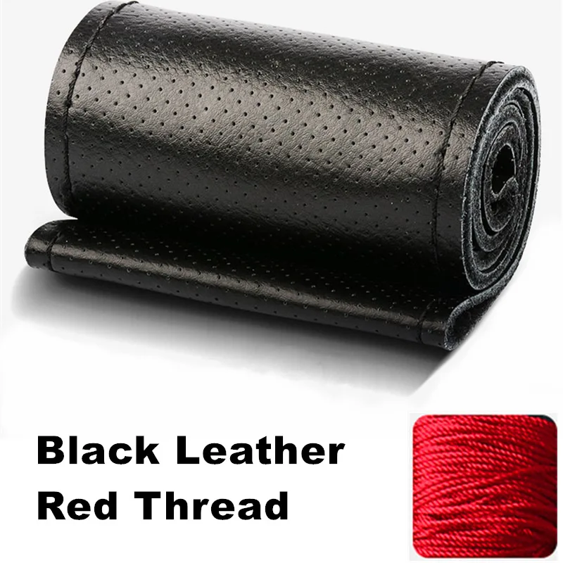 Red Thread Натуральная телячья кожа Чехлы рулевого колеса автомобиля обёрточная бумага DIY ручной пошив черный для Lada Priora 2013- Kalina 2 2013 - Название цвета: Red Thread