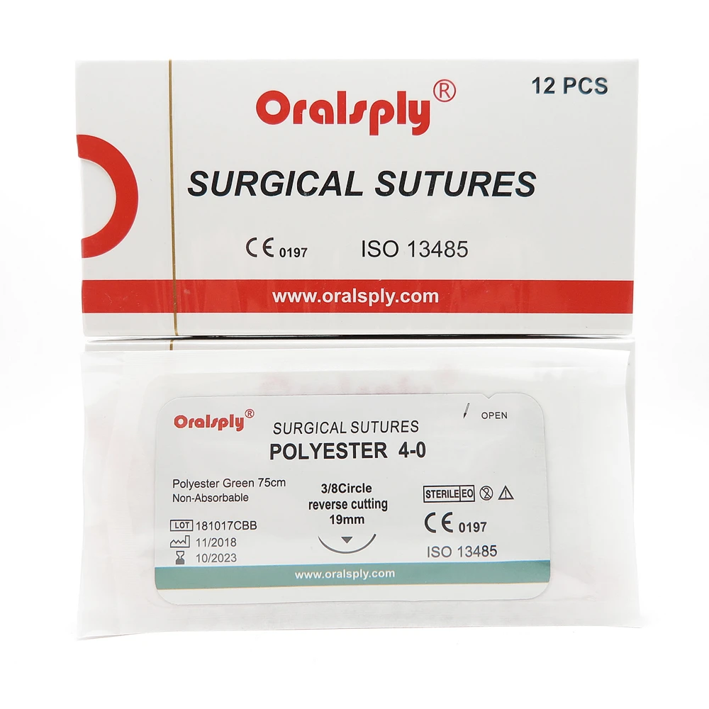 Oralsply Dental Surgical Sutures Sterile POLYESTER 4 0 75cm Braided Green Needles 3/8 Circle
