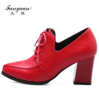 

Fanyuan Retro Pop Lace Up Pumps High Quality Patent Leather Platform Thick Middle Heels Comfortable Women's Favorites Shoes
