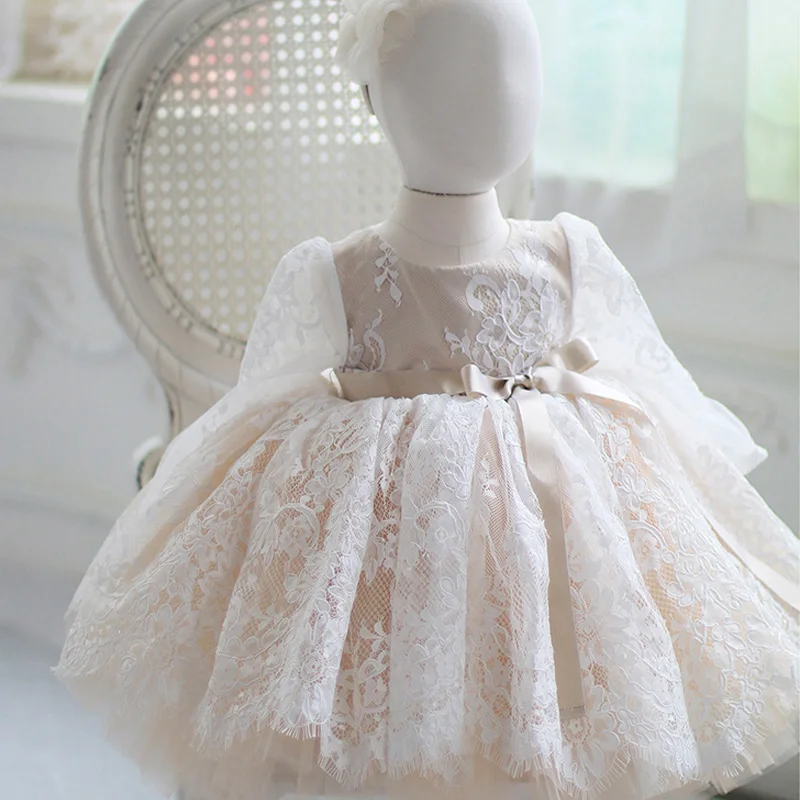 Милое Свадебное платье с цветочным узором для девочек вечерние платья с длинными рукавами на крестины для маленьких девочек на 1 год, платье на день рождения для маленьких девочек одежда для крещения