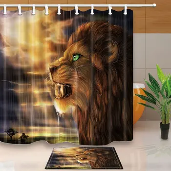 

Safari Decor,Wild Animal Lion Has Green Eyes and Brutal Expressions Under the Sun Shining Mildew Resistant Shower Curtain Suit