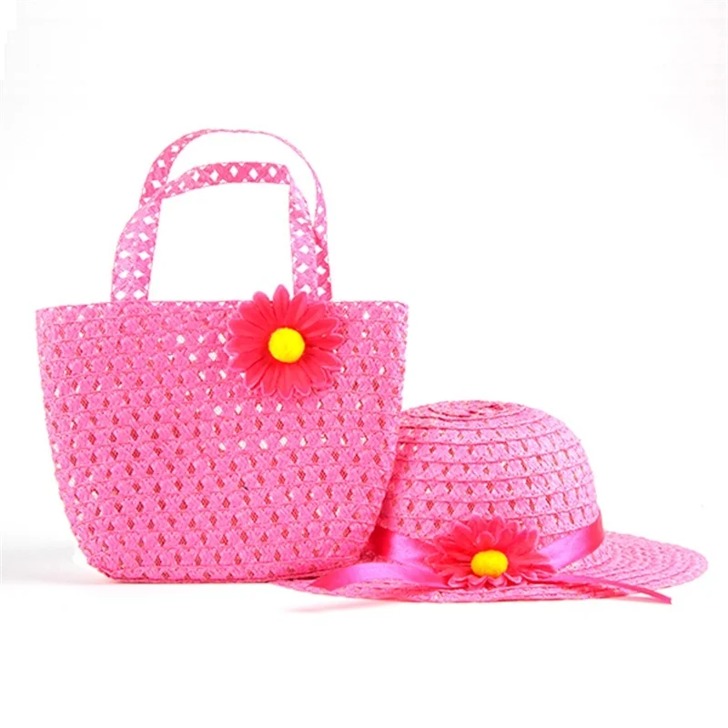 

Hot Selling Fashion Summer Sun Hat Girls Kids Straw Hat Cap Children Beach Hats Bag Flower Tote Handbag Bags Suit
