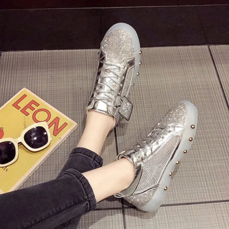 

2019 new metal laser mesh rhinestone lace hollow high shoes casual shoes skateboard shoes flat shoes