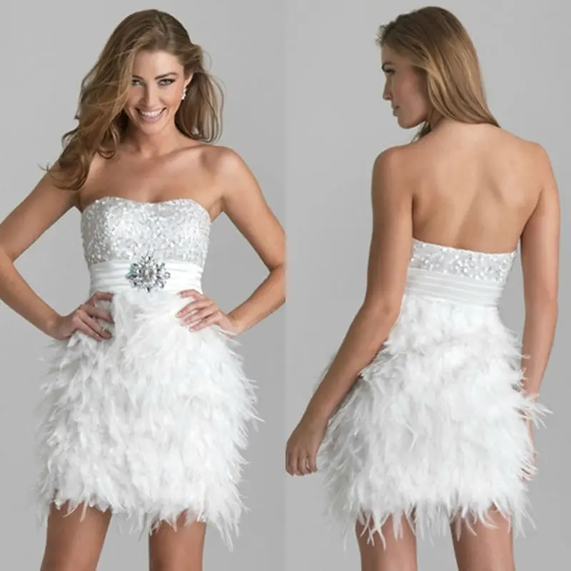 2014 New Arrival Short White Feather ostrich Sample Beaded Real Picture of Cocktail Dress |