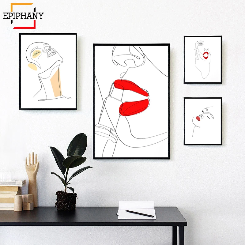 

Woman Face Drawing Red Lipstick Face Sketch Abstract Fashion Camvas Painting Single Line Minimal Wall Pictures for Living Room
