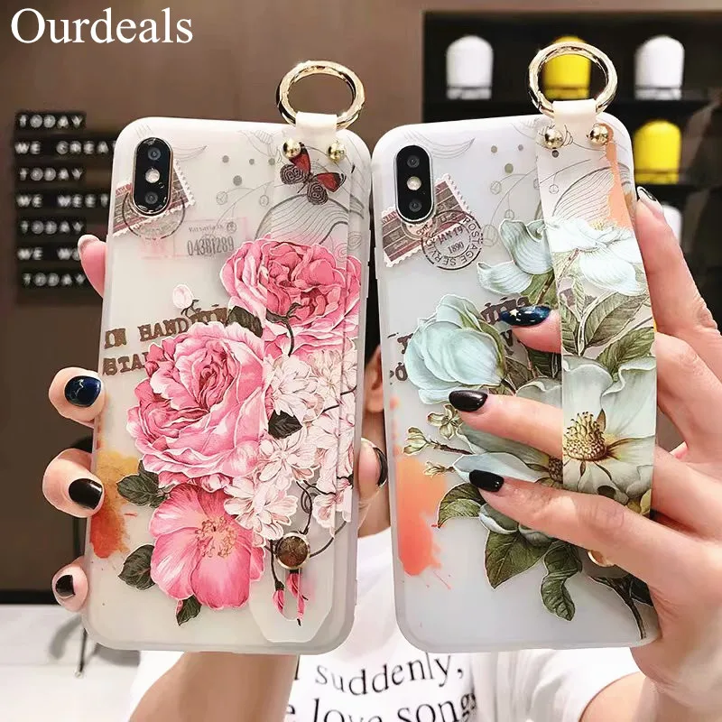 

3D Emboss Flower Phone Case For Samsung Galaxy S10 plus S8 S9 Note 8 9 S10e A750 A40 A60 M20 Wrist Strap support Soft TPU Case