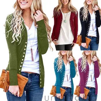 

Womens Newest V-Neck Button Down Knitwear Long Sleeve Soft Casual Basic Knit Snap Cardigan Autumn Jackets