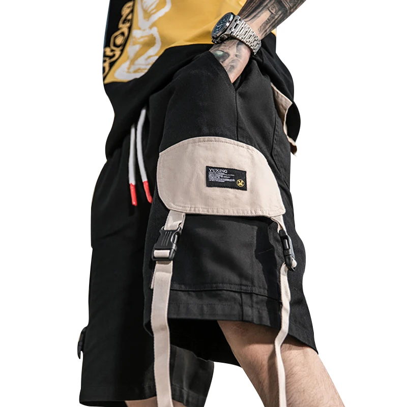 

ABOORUN Men's Hip Hop Cargo Shorts Big Pockets Ribbons Shorts Big Pockets Fashion Summer Shorts for Male R637