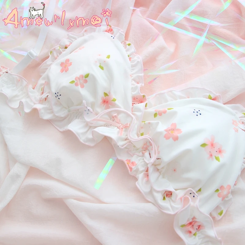 Kawaii сладкий принцесса Лолита розовый Сакура/улыбающиеся облака милый японский бюстгальтер+ трусики набор беспроводной мягкое нижнее белье Наборы для сна