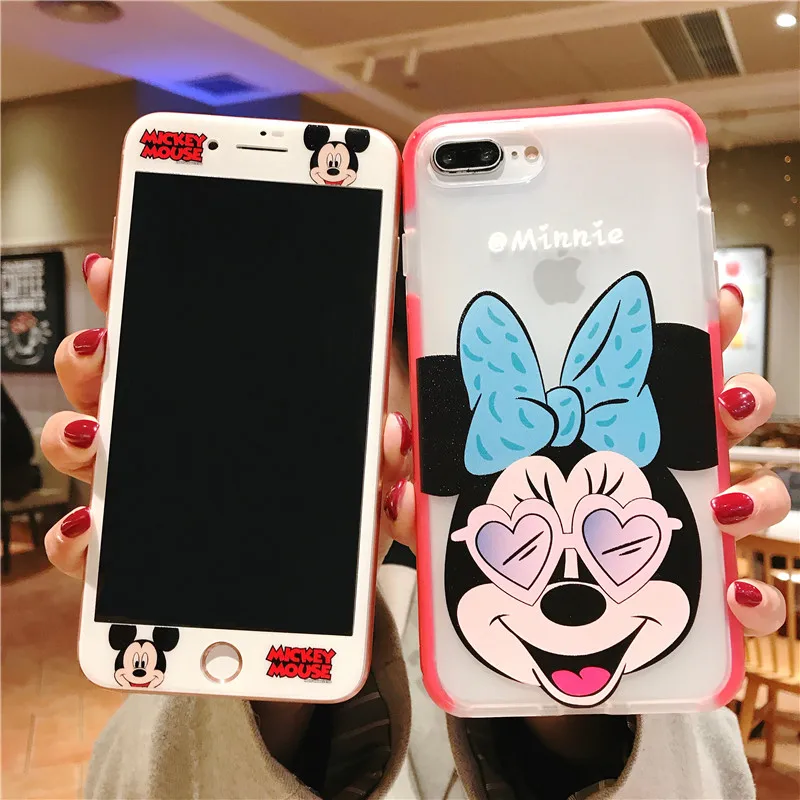 

For iPhone XS max XR X mickey case & Tempered Glass Screen film , Soft minnie shockproof Cover for iPhone 8 8plus 7 7p 6S 6SP