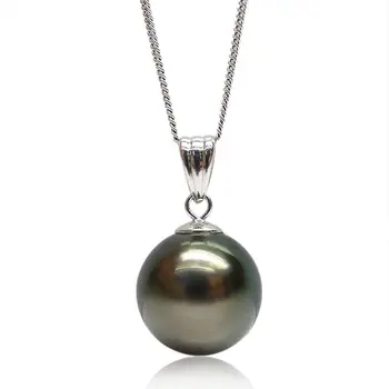 

Free Shipping Luminous 13.1MM Black Green Cultured Tahitian Sea Pearl Pendant 18K White Gold
